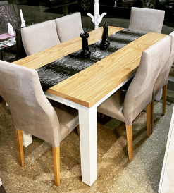 Juego Mesa Trend Tapa Paraíso/Blanco 1.60 x 0.90 + 6 Sillas Relax Pana Beige