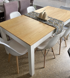 Juego Mesa Zeppelin Tapa Paraíso/Blanco 1.60 x 0.86 + 4 Sillas Eames Blancas + 2 Sillas Tulip Blancas