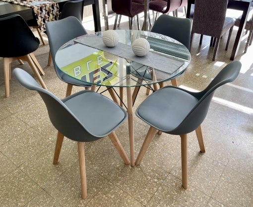 Juego Mesa Eames Vidrio 0.90 diam. + 4 Sillas Tulip Grises