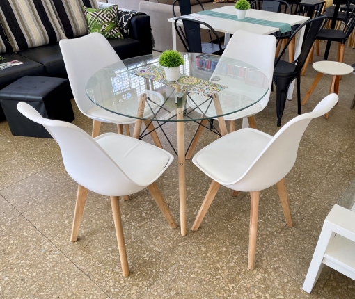 Juego Mesa Eames Vidrio 0.90 diam. + 4 Sillas Tulip Blancas