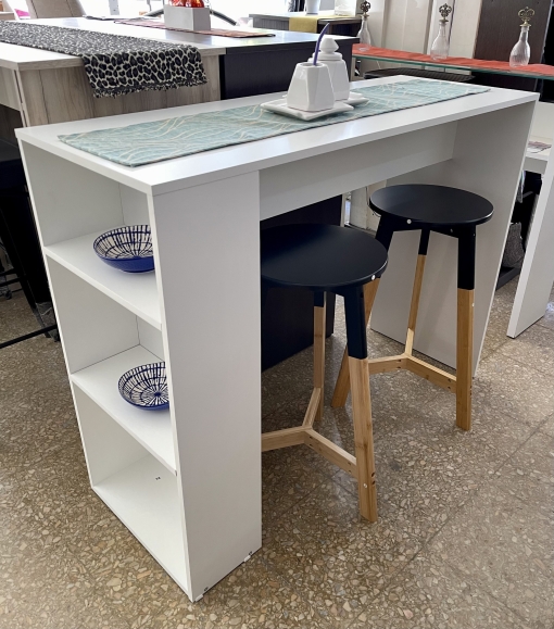 Juego Desayunador Melamina Blanca con Estantes + 2 Banquetas Nórdicas Negras