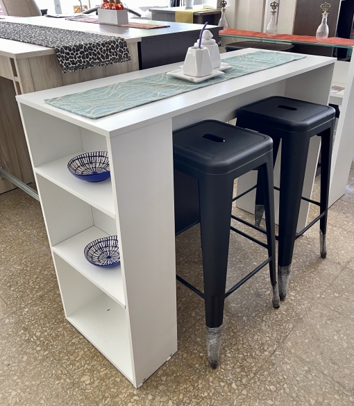 Juego Desayunador Melamina Blanca con Estantes + 2 Banquetas Tolix Negras