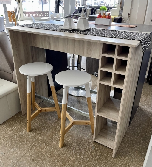 Juego Desayunador Melamina Helsinki con Bodega + 2 Banquetas Nórdicas Blancas