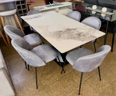 Juego Mesa Fija Vincenza Neolith Base Central 1.60 x 0.80 + 6 Sillas Monaco Pana Gris