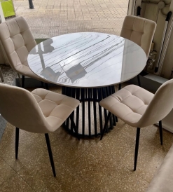 Juego Mesa Saarinen Neolith 1.00 diam. + 4 Sillas Venecia Pana Beige