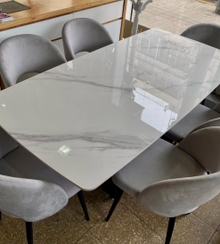 Juego Mesa Fija Neolith Base Cruzada 1.80 x 0.90 + 6 Sillas Saromi Pana Gris