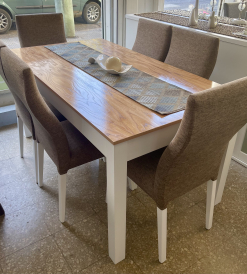 Juego Mesa Zeppelin Tapa Paraíso/Blanco 1.60 x 0.86 + 6 Sillas Relax Lino Nirvana