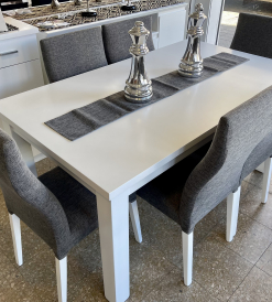 Juego Mesa Trend Laqueada Blanca 1.60 x 0.90 + 6 Sillas Relax Lino Nirvana Gris