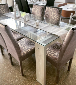 Juego Mesa Vitro con Vidrio Melamina Helsinki 1.70 x 0.80 + 6 Sillas Varenna Pana Orion Champagne