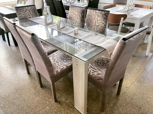 Juego Mesa Vitro con Vidrio Melamina Helsinki 1.70 x 0.80 + 6 Sillas Varenna Pana Orion Champagne