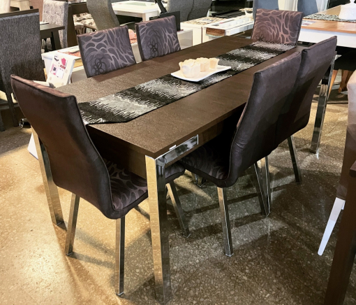 Juego Mesa Capri Melamina Wengue 1.80 x 0.90 + 6 Sillas Bari Cromadas Pana Orion