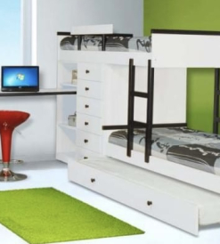 Cucheta Desplazada de 1 plaza Lamby con módulo de 6 cajones y estantes, escritorio con módulo de 4 cajones y marinera