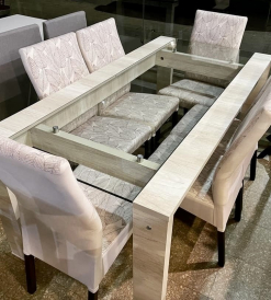 Juego Mesa Awan con Vidrio Melamina Helsinki 1.80 x 0.90 + 6 Sillas Lemanns Pana Estampada Hojas