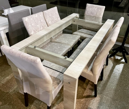 Juego Mesa Awan con Vidrio Melamina Helsinki 1.80 x 0.90 + 6 Sillas Lemanns Pana Estampada Hojas