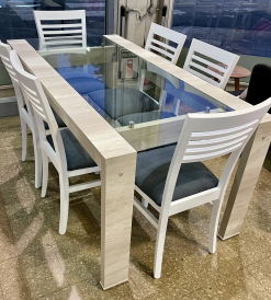 Juego Mesa Awan con Vidrio Melamina Helsinki 1.80 x 0.90 + 6 Sillas Moro Pana Shot Gris