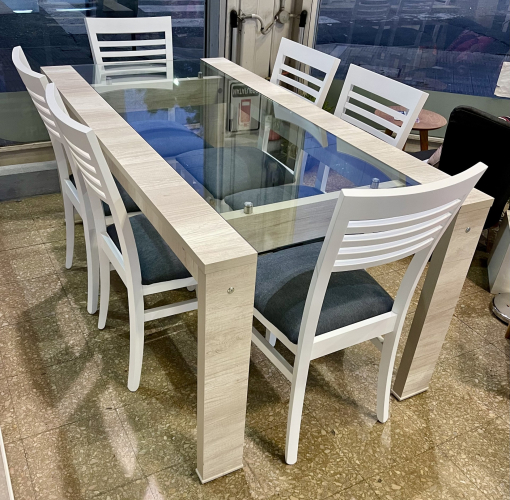 Juego Mesa Awan con Vidrio Melamina Helsinki 1.80 x 0.90 + 6 Sillas Moro Pana Shot Gris