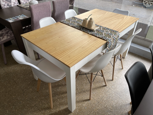 Juego Mesa Zeppelin Tapa Paraíso/Blanco 1.60 x 0.86 + 4 Sillas Eames Blancas + 2 Sillas Tulip Blancas
