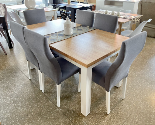 Juego Mesa Trend Tapa Paraíso/Blanco 1.60 x 0.90 + 6 Sillas Relax Pana Gris