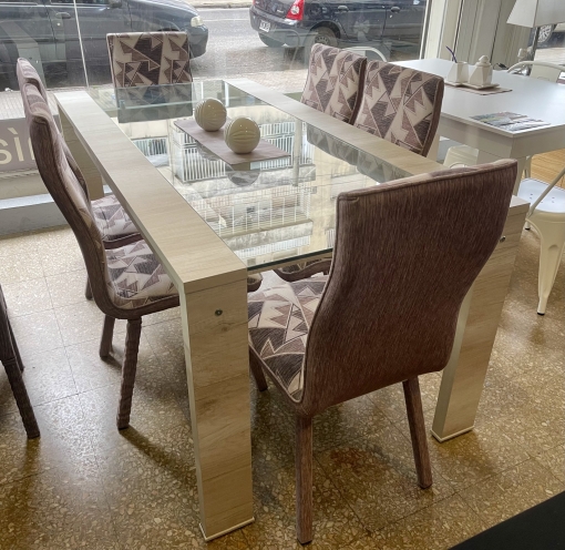 Juego Mesa Awan con Vidrio Melamina Helsinki 1.80 x 0.90 + 6 Sillas Bari Pana Estampada Geometria