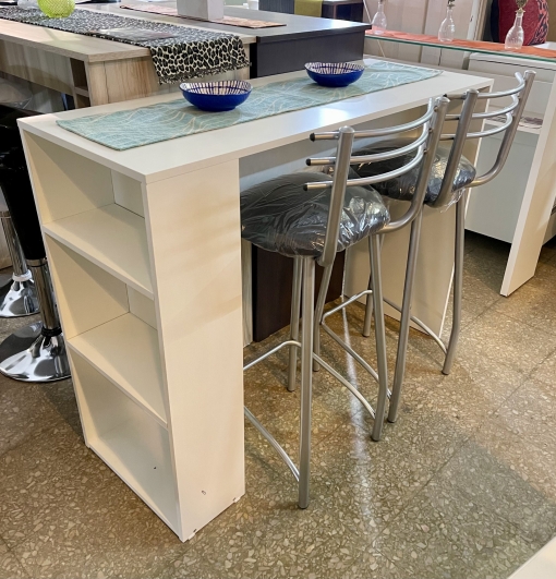 Juego Desayunador Melamina Blanca con Estantes + 2 Banquetas 1020 Caño Gris