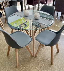 Juego Mesa Eames Vidrio 0.90 diam. + 4 Sillas Tulip Grises