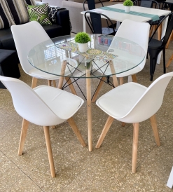 Juego Mesa Eames Vidrio 0.90 diam. + 4 Sillas Tulip Blancas