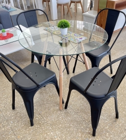 Juego Mesa Eames Vidrio 0.90 diam. + 4 Sillas Tolix Negras