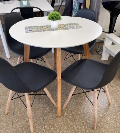 Juego Mesa Nórdica 0.85 diam. + 4 Sillas Eames Negras