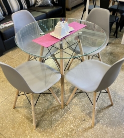 Juego Mesa Eames Vidrio 0.90 diam. + 4 Sillas Eames Grises
