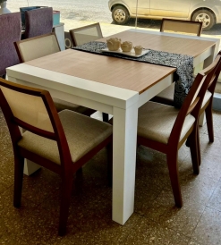 Juego Mesa Itaca Combinada Paraíso/Blanco 1.60 x 0.90 + 6 Sillas Bali Lino Sepia