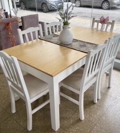 Juego Mesa Zeppelin Tapa Paraíso/Blanco 1.60 x 0.86 + 6 Sillas Firenze Pana Beige