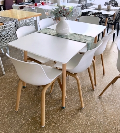 Juego Mesa Eames Laqueada Blanca 1.40 x 0.80 + 6 Sillas Wave Blancas