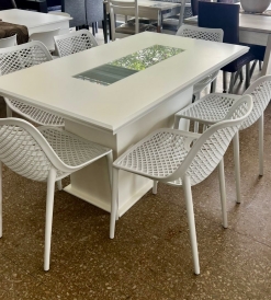 Juego Mesa Base Cubo con Vidrio Blanca 1.60 x 0.90 + 6 Sillas Varesse Blancas