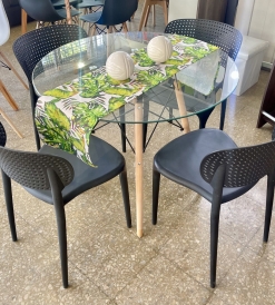Juego Mesa Eames Vidrio 0.90 diam. + 4 Sillas Paris Negras