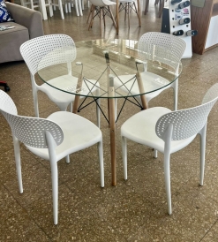 Juego Mesa Eames Vidrio 0.90 diam. + 4 Sillas Paris Blancas