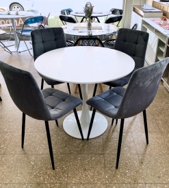 Juego Mesa Tulip Blanca 0.90 diam. + 4 Sillas Venecia Pana Gris