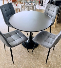Juego Mesa Tulip Negra 0.90 diam. + 4 Sillas Venecia Pana Gris