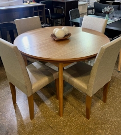 Juego Mesa Extensible Redonda Paraíso 1.20 a 1.60 + 4 Sillas Bali Tapizadas Lino Sepia