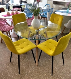 Juego Mesa Eames Vidrio 1.00 diam. + 4 Sillas Venecia Pana Mustard