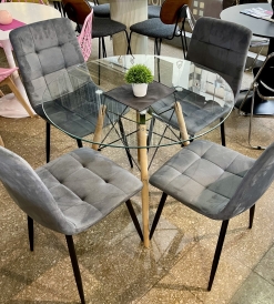 Juego Mesa Eames Vidrio 0.90 diam. + 4 Sillas Venecia Pana Gris