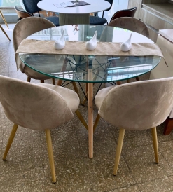 Juego Mesa Eames Vidrio 1.00 diam. + 4 Sillas Oslo Pana Nude