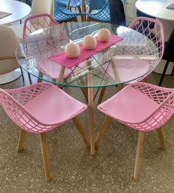 Juego Mesa Eames Vidrio 1.00 diam. + 4 Sillas Nova Tulip Rosas
