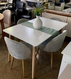 Juego Mesa Eames Laqueada Blanca 1.20 x 0.80 + 4 Sillas Oslo Pana Gris