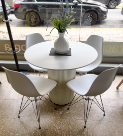 Juego Mesa Circle Blanca 0.90 diam. + 4 Sillas Eames Cromadas Blancas