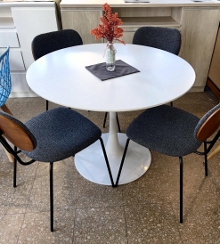 Juego Mesa Tulip Blanca 1.00 diam. + 4 Sillas Miller Boucle Gris