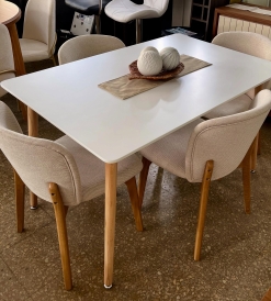 Juego Mesa Eames Laqueada Blanca 1.20 x 0.80 + 4 Sillas Creta Corderoid Beige