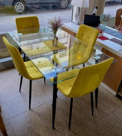 Juego Mesa Venecia Vidrio 1.40 x 0.80 + 4 Sillas Venecia Pana Mustard