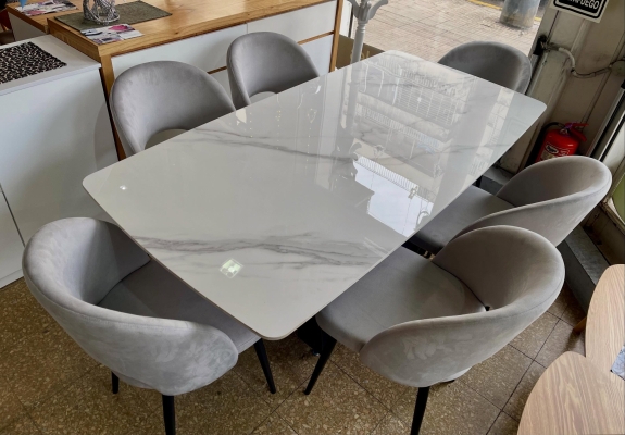 Juego Mesa Fija Neolith Base Cruzada 1.80 x 0.90 + 6 Sillas Saromi Pana Gris
