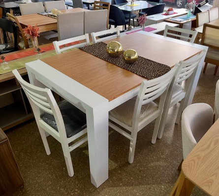 Juego Mesa Itaca Combinada Paraíso/Blanco 1.60 x 0.90 + 6 Sillas Capri Pana Beige