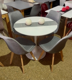 Juego Mesa Tulip Blanca 1.00 diam. + 4 Sillas Tulip Lino Gris